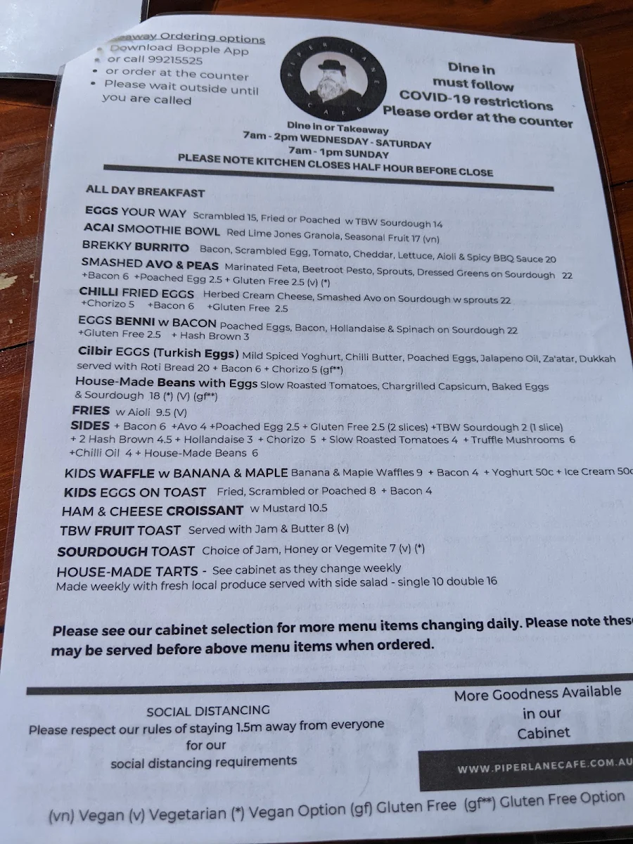 Menu, Jambinu- Formally Piper Lane Cafe
