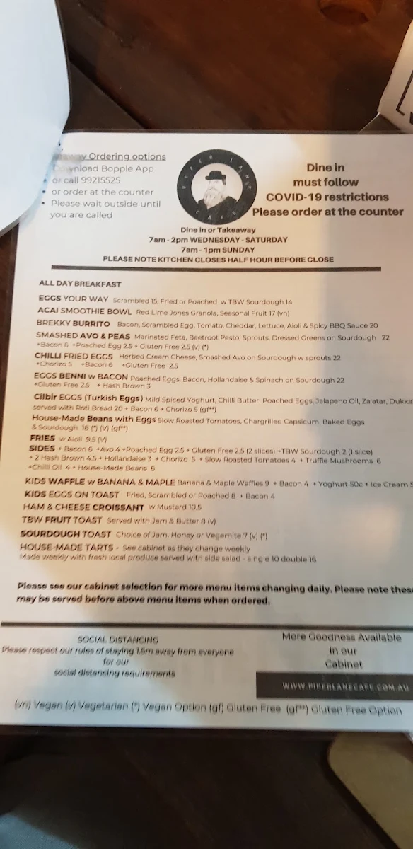 Menu, Jambinu- Formally Piper Lane Cafe