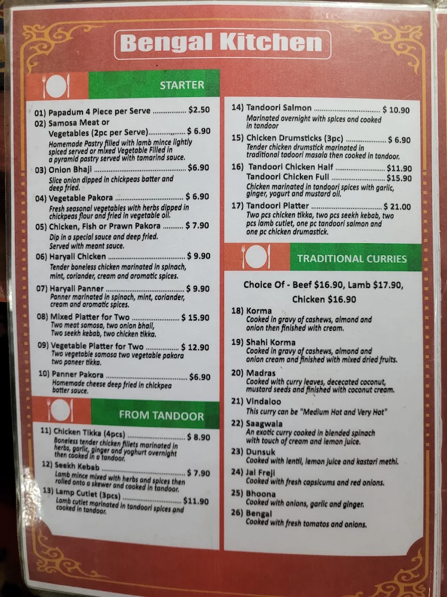Menu, Bengal Kitchen