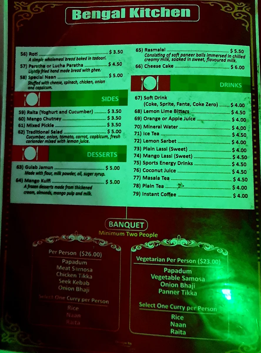 Menu, Bengal Kitchen