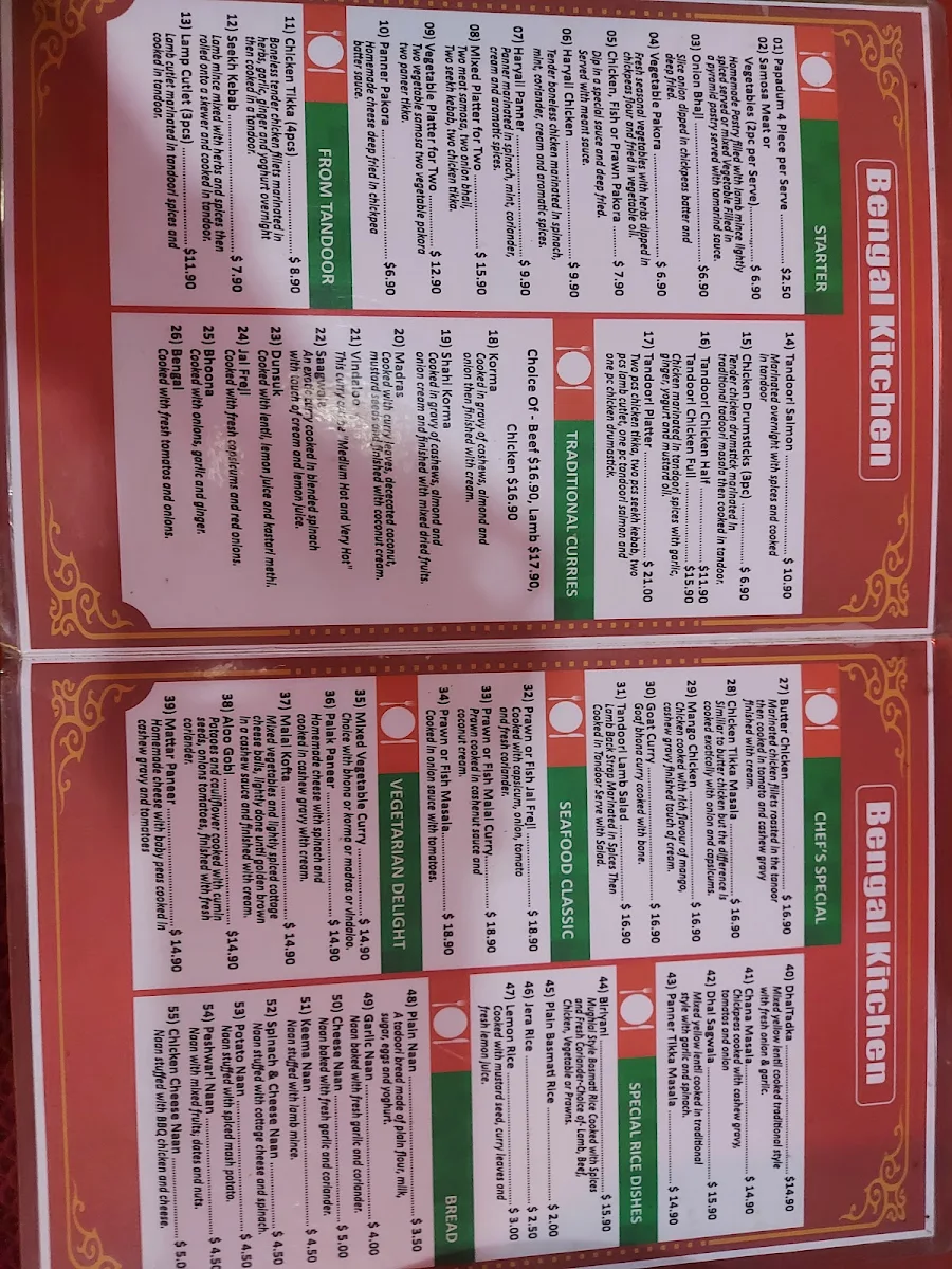 Menu, Bengal Kitchen