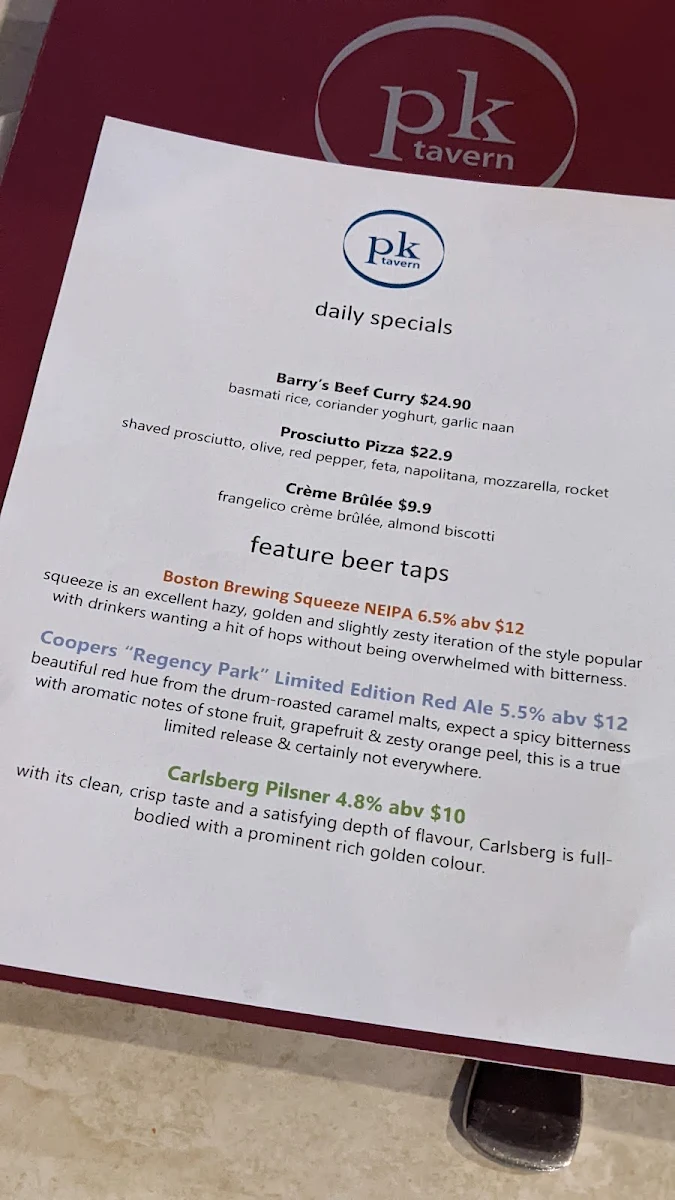 Menu, Port Kennedy Tavern