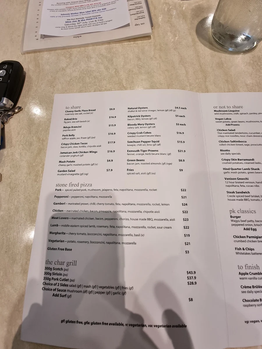 Menu, Port Kennedy Tavern