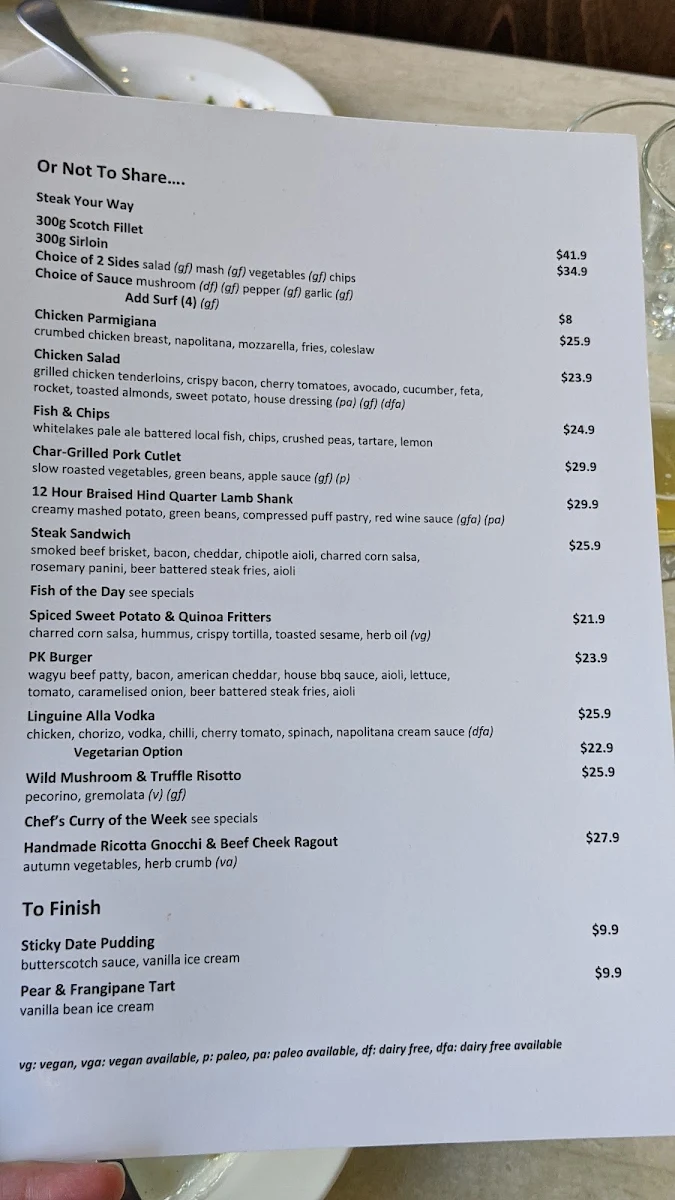 Menu, Port Kennedy Tavern
