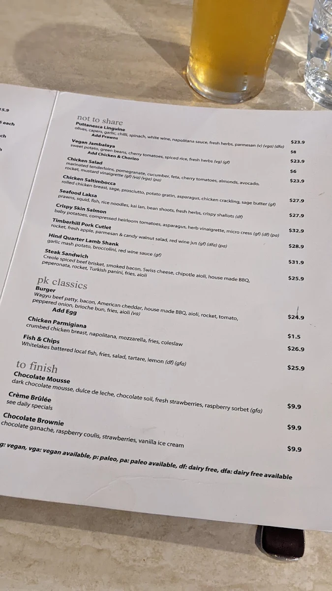 Menu, Port Kennedy Tavern