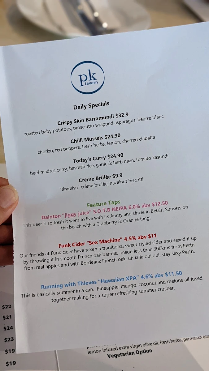 Menu, Port Kennedy Tavern