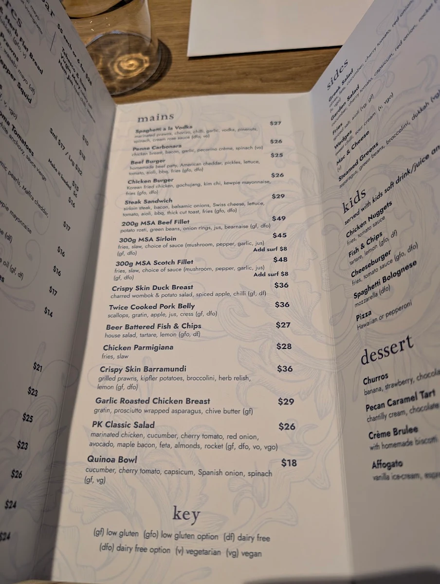 Menu, Port Kennedy Tavern