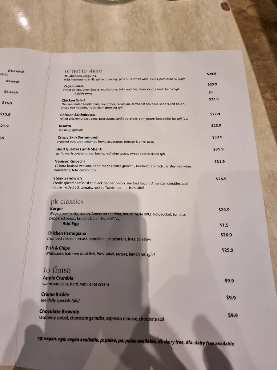 Menu, Port Kennedy Tavern