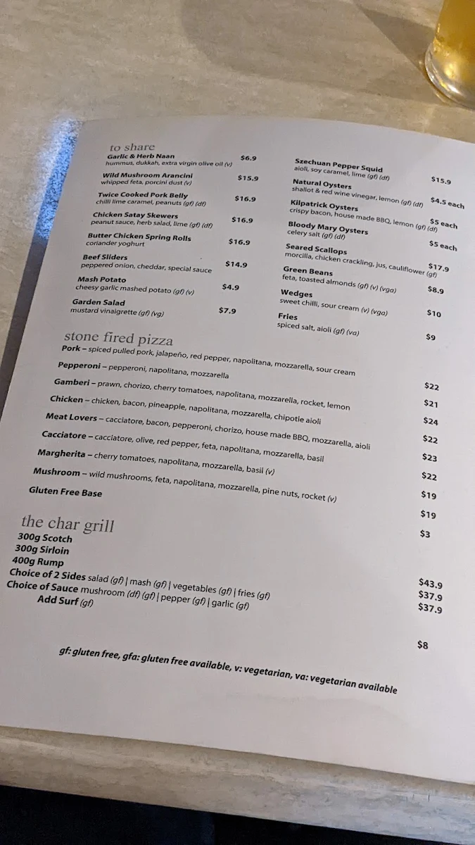 Menu, Port Kennedy Tavern