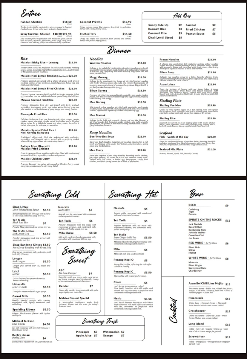 Menu, Malaios Restaurant