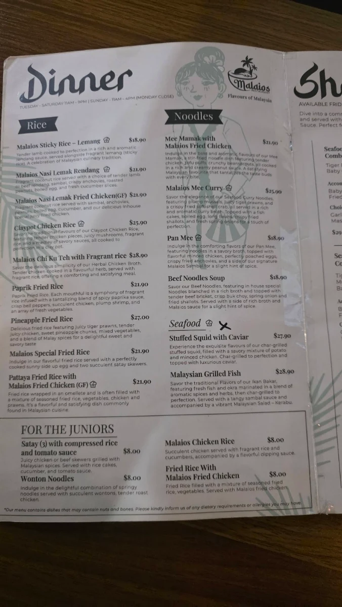 Menu, Malaios Restaurant