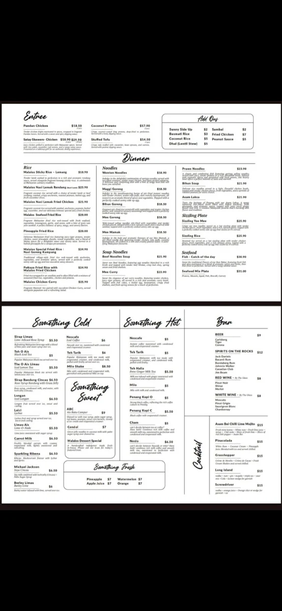 Menu, Malaios Restaurant