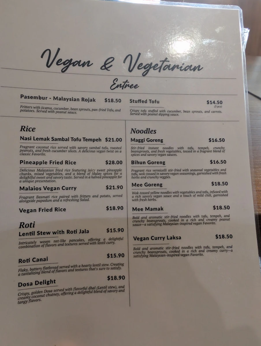 Menu, Malaios Restaurant