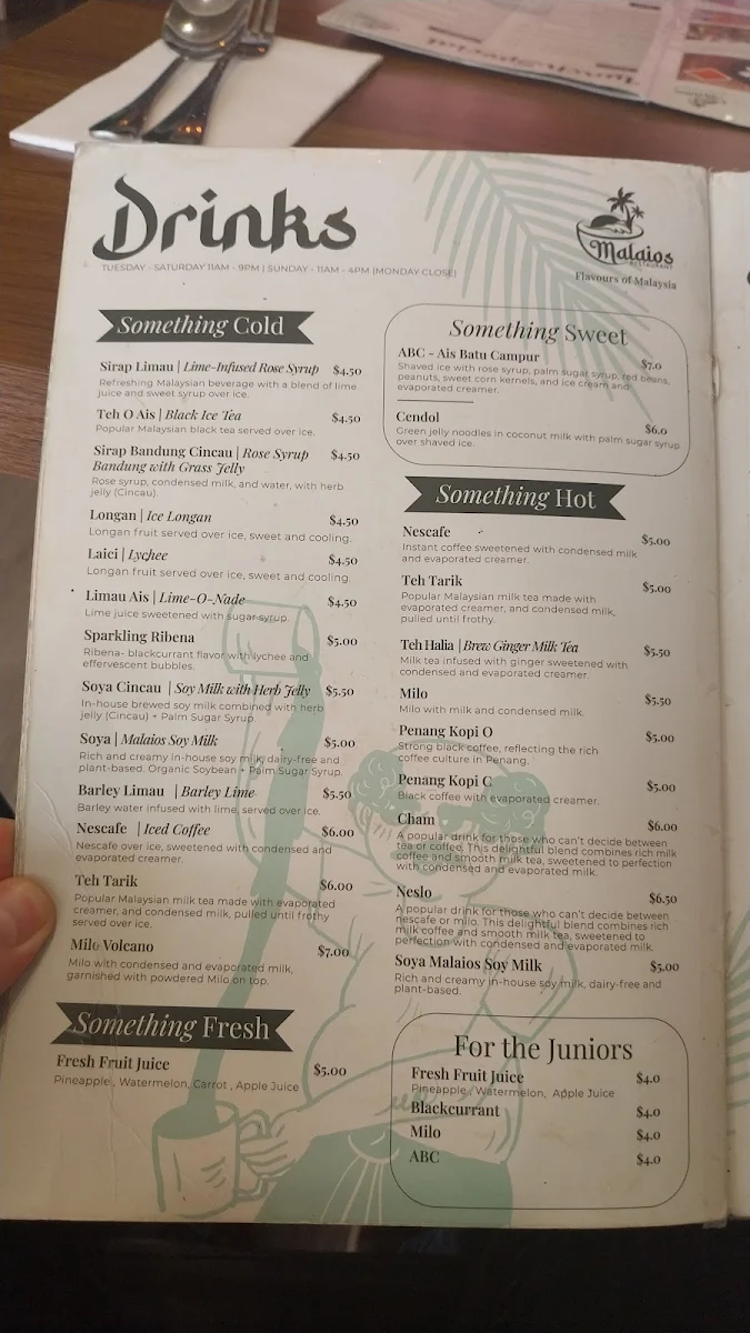 Menu, Malaios Restaurant