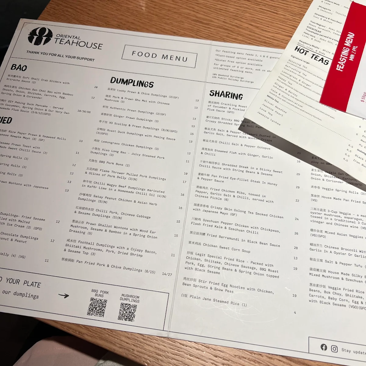 Menu, Oriental Teahouse Melbourne CBD