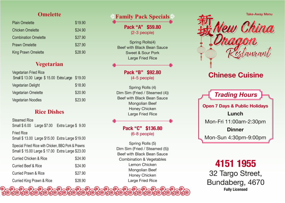 Menu, New China Dragon Restaurant