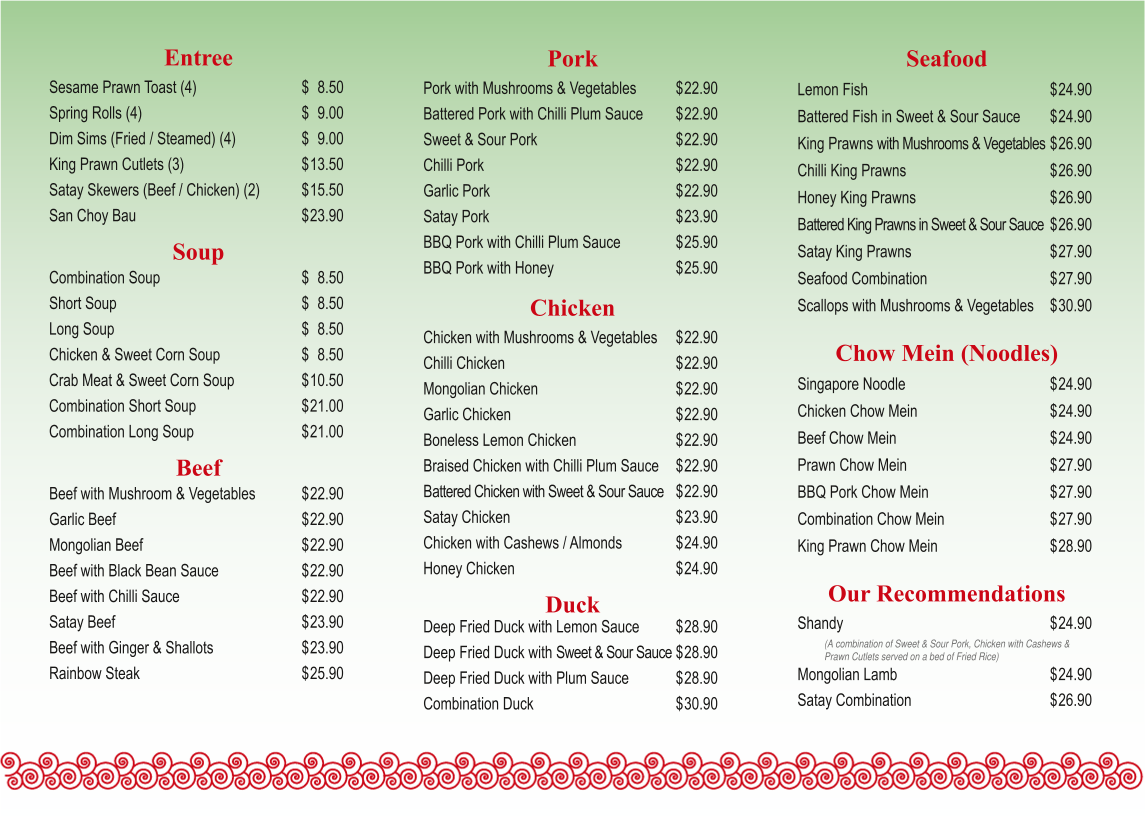 Menu, New China Dragon Restaurant