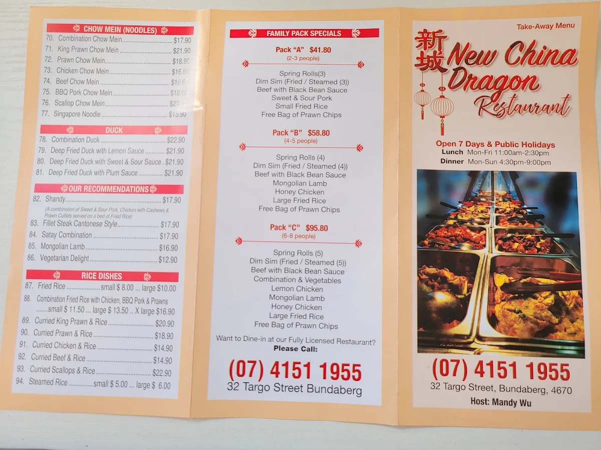 Menu, New China Dragon Restaurant