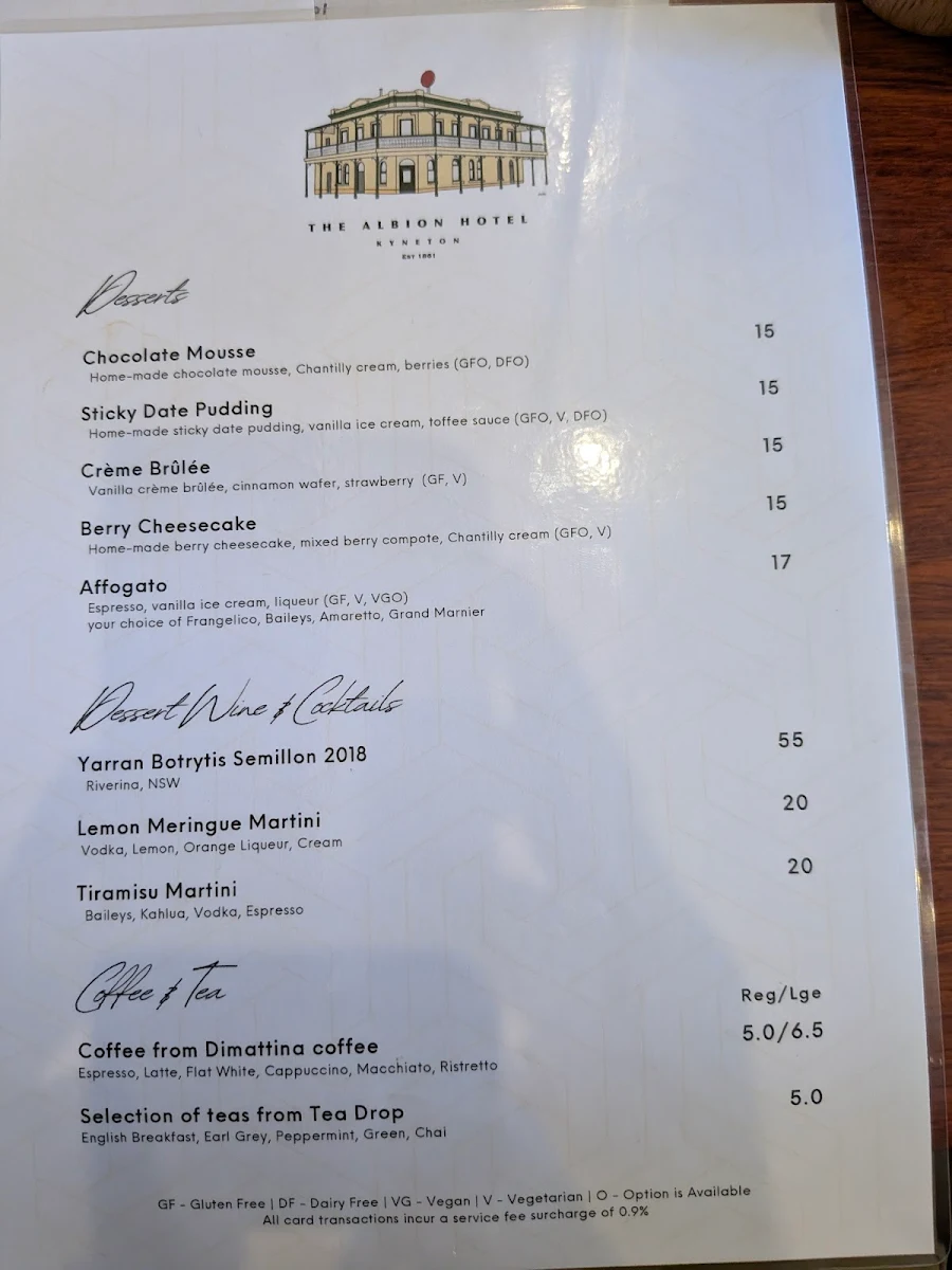 Menu, The Albion Hotel Kyneton