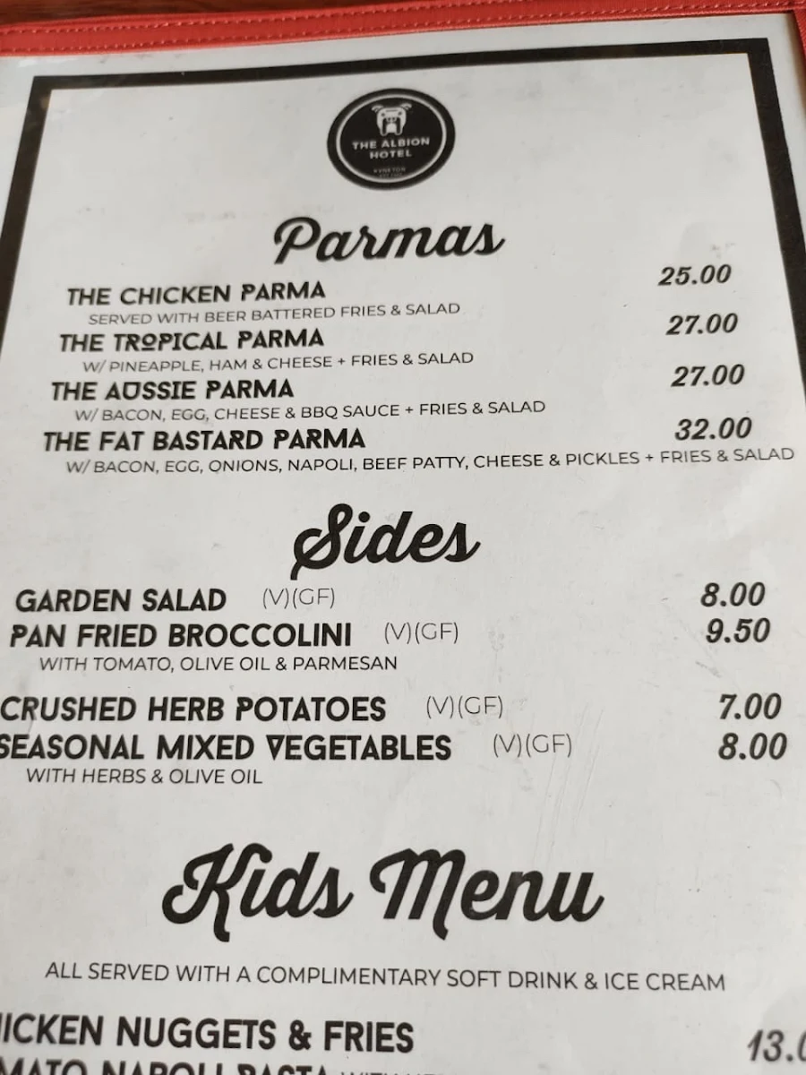 Menu, The Albion Hotel Kyneton