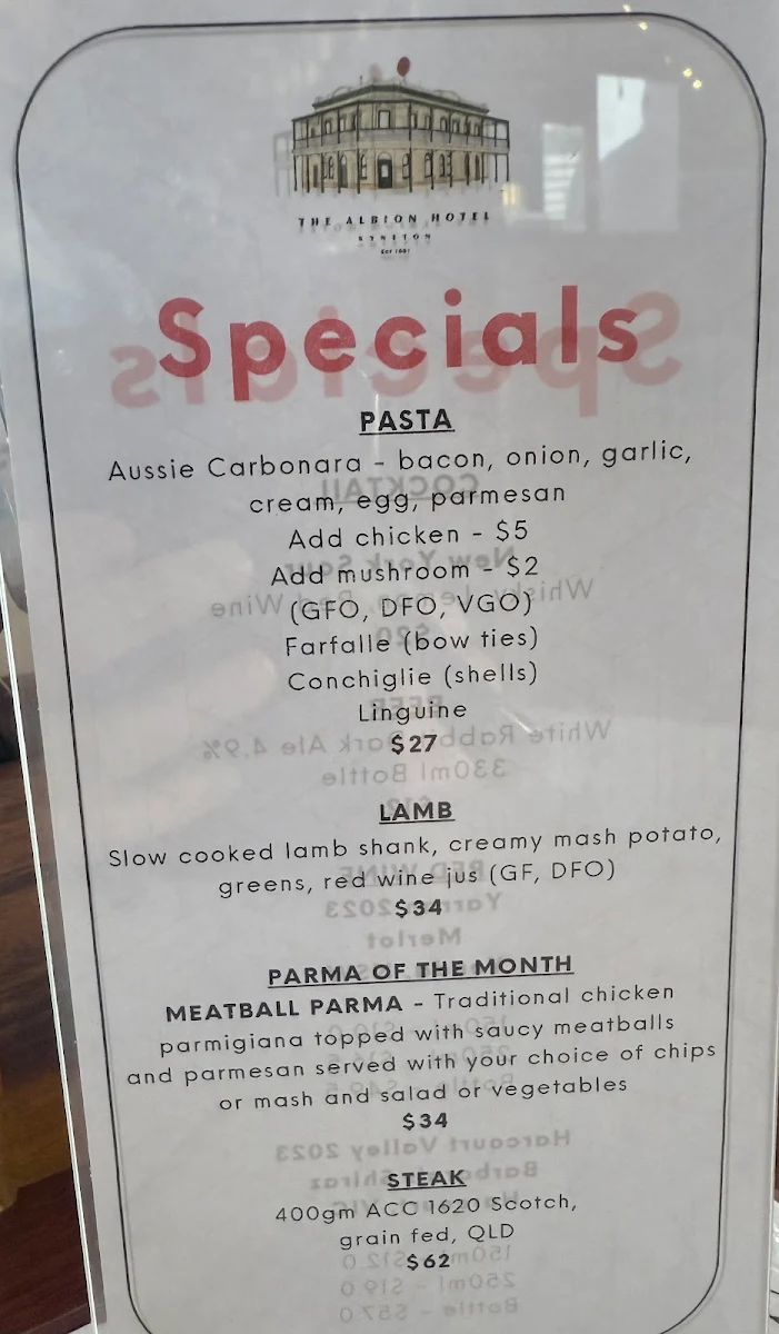 Menu, The Albion Hotel Kyneton