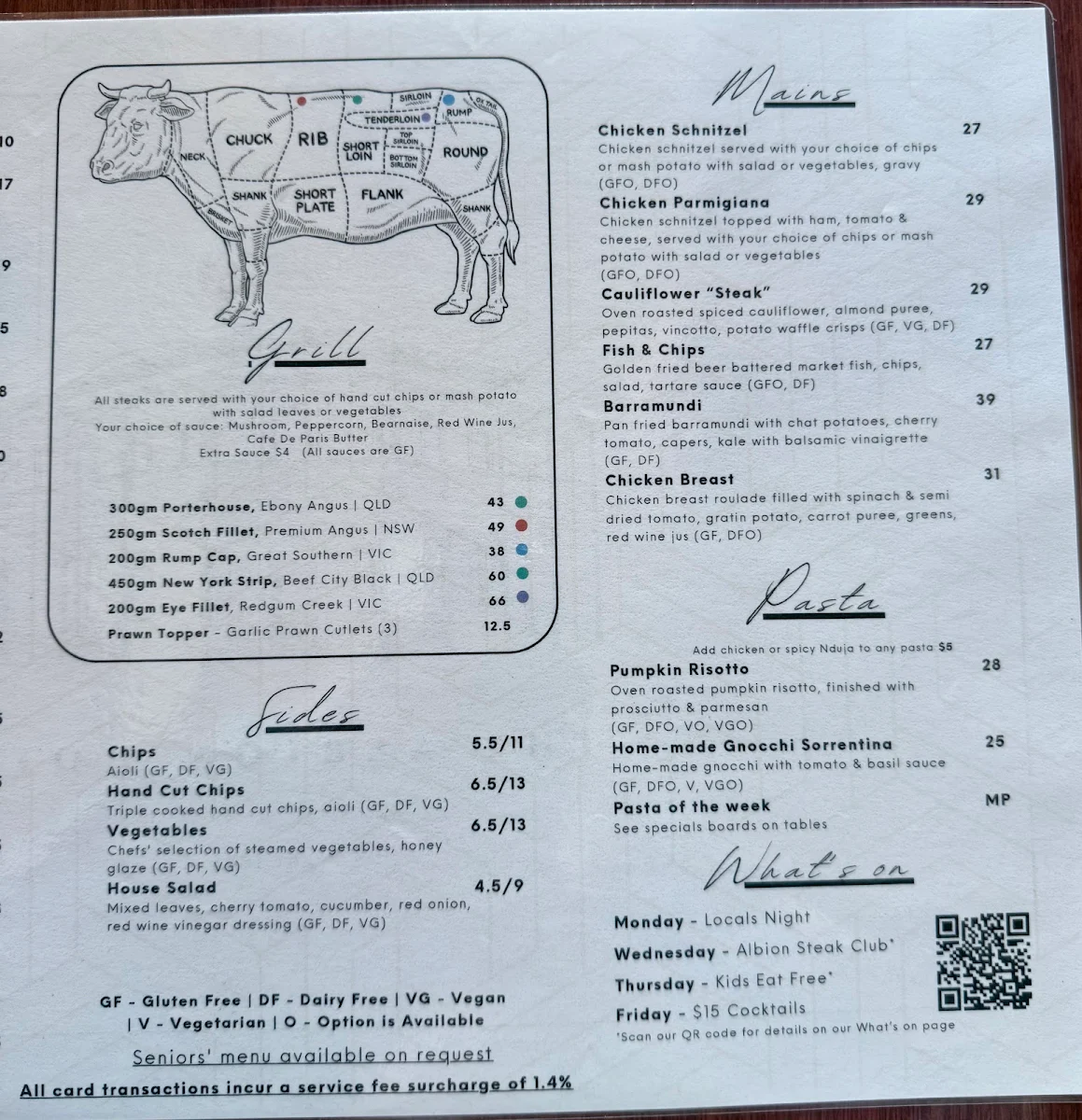 Menu, The Albion Hotel Kyneton