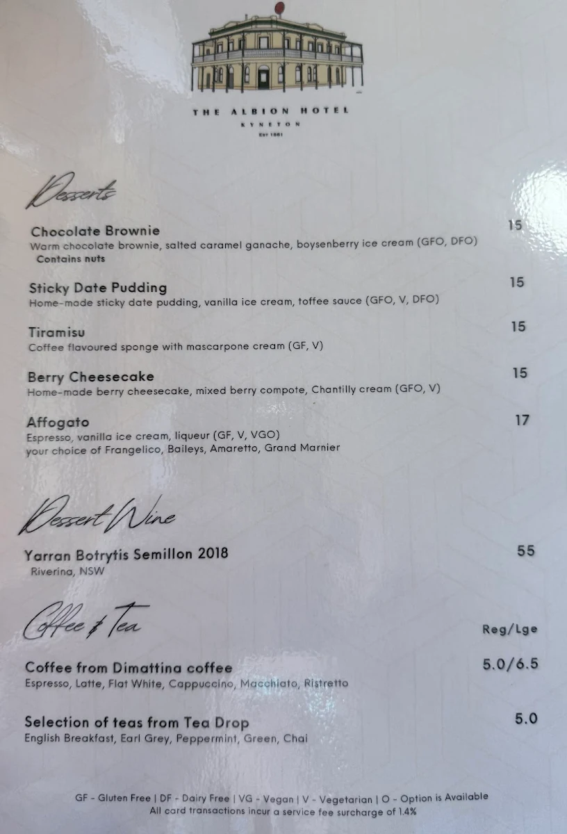 Menu, The Albion Hotel Kyneton
