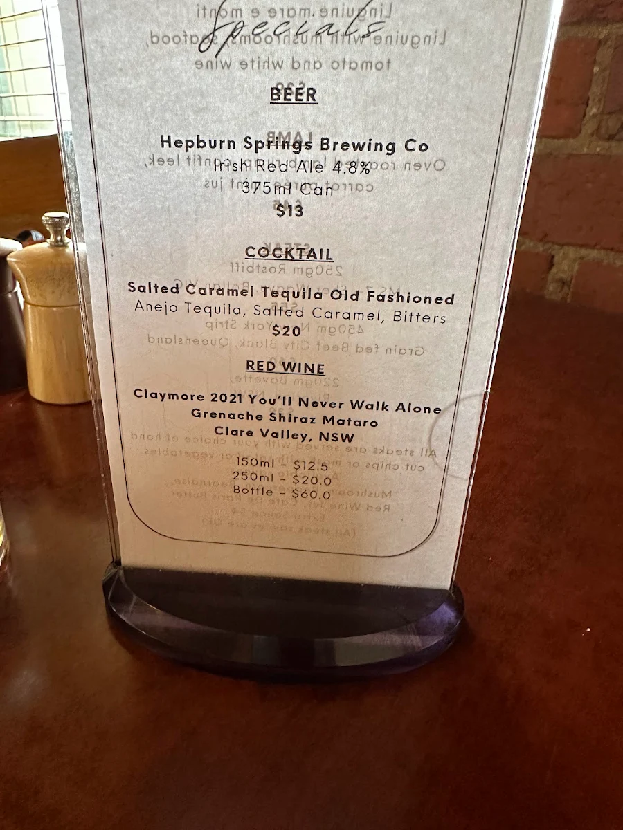Menu, The Albion Hotel Kyneton