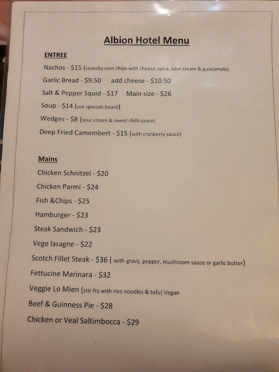 Menu, The Albion Hotel Kyneton