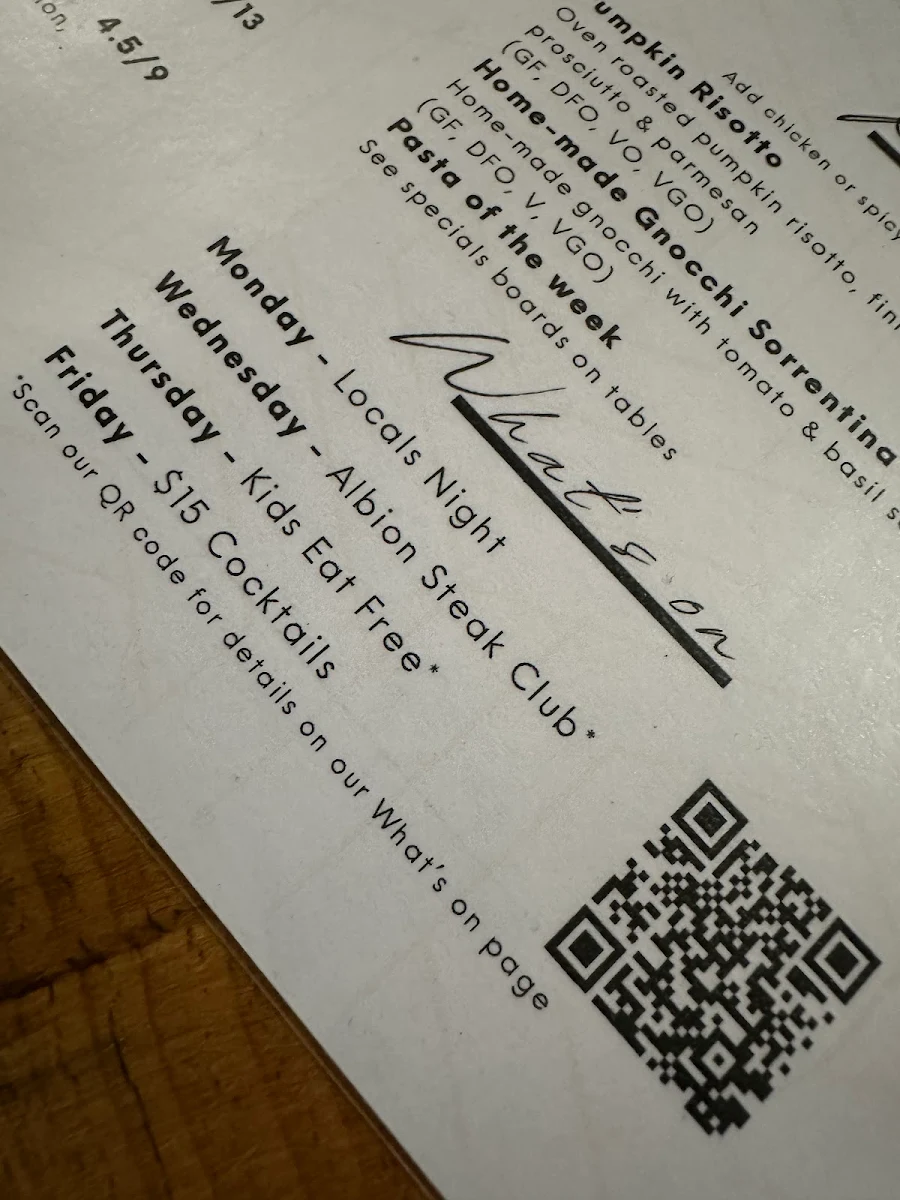 Menu, The Albion Hotel Kyneton