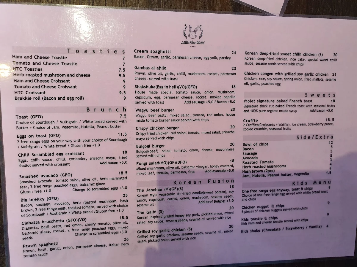 Menu, Little Miss Violet