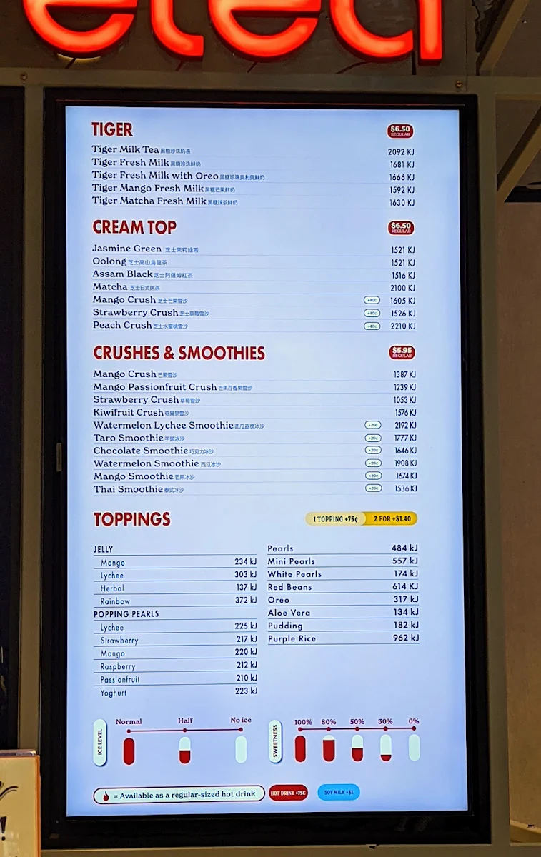 Menu, Sharetea Top Ryde