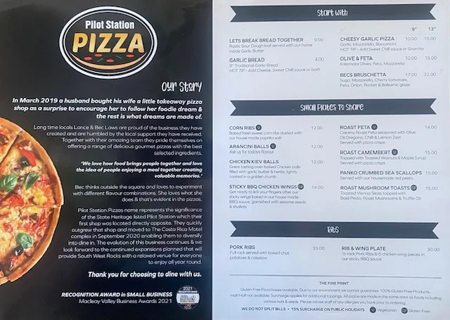 Menu, Pilot Station Pizza