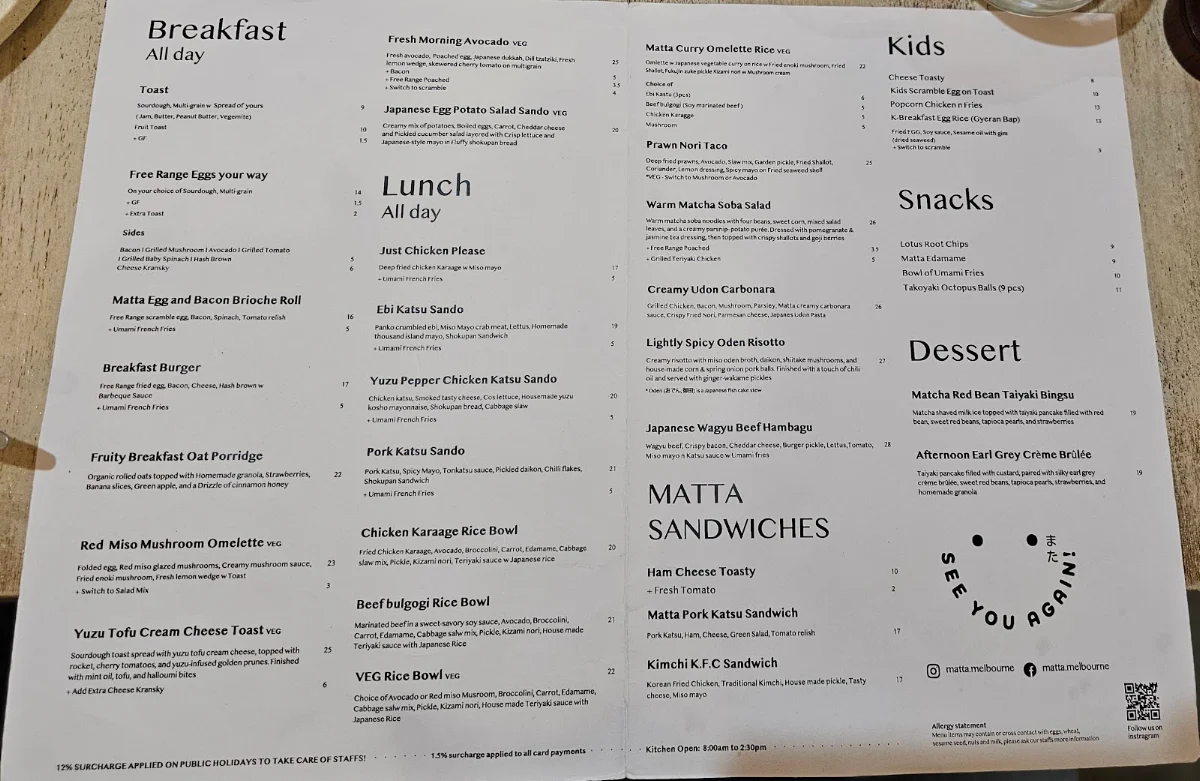 Menu, Matta Cafe