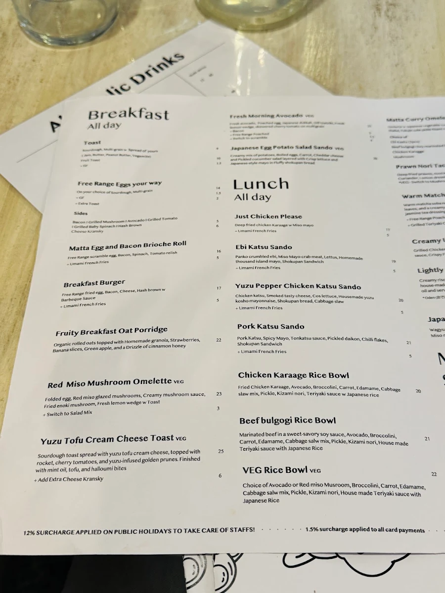 Menu, Matta Cafe