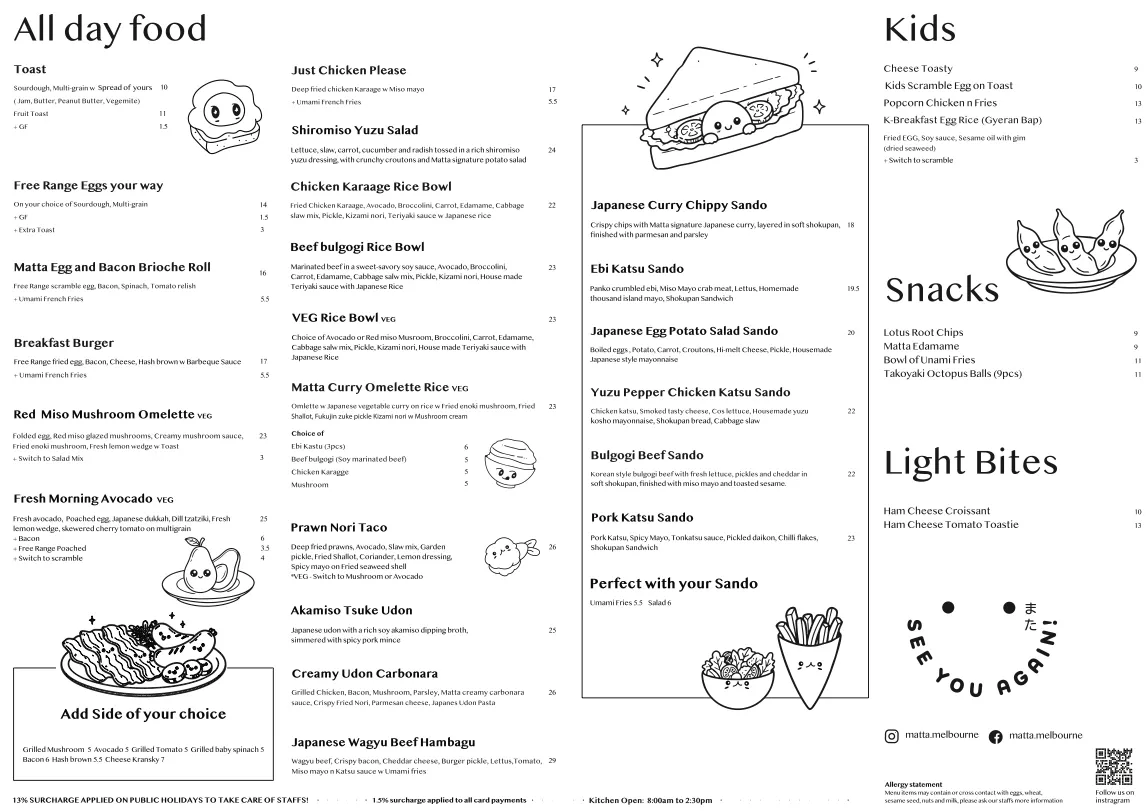 Menu, Matta Cafe