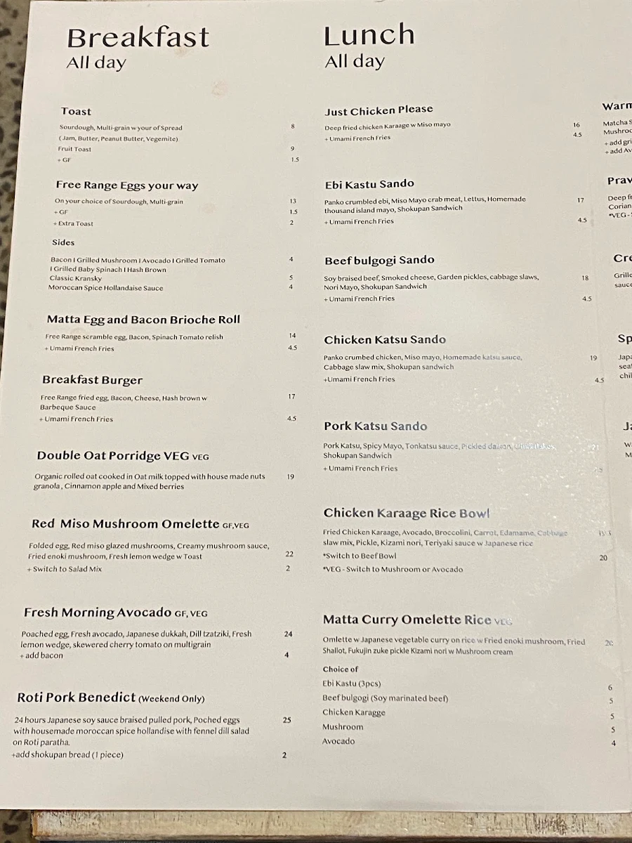 Menu, Matta Cafe