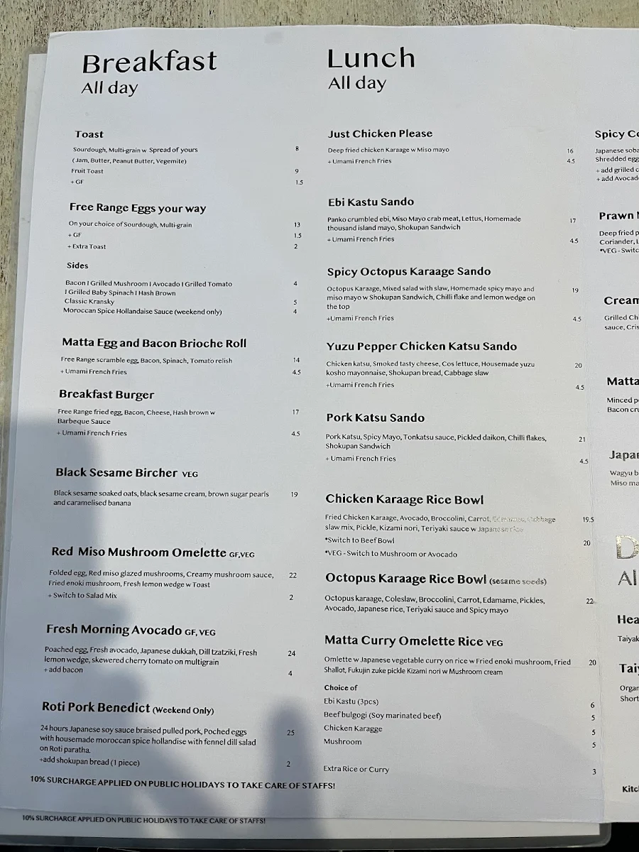 Menu, Matta Cafe