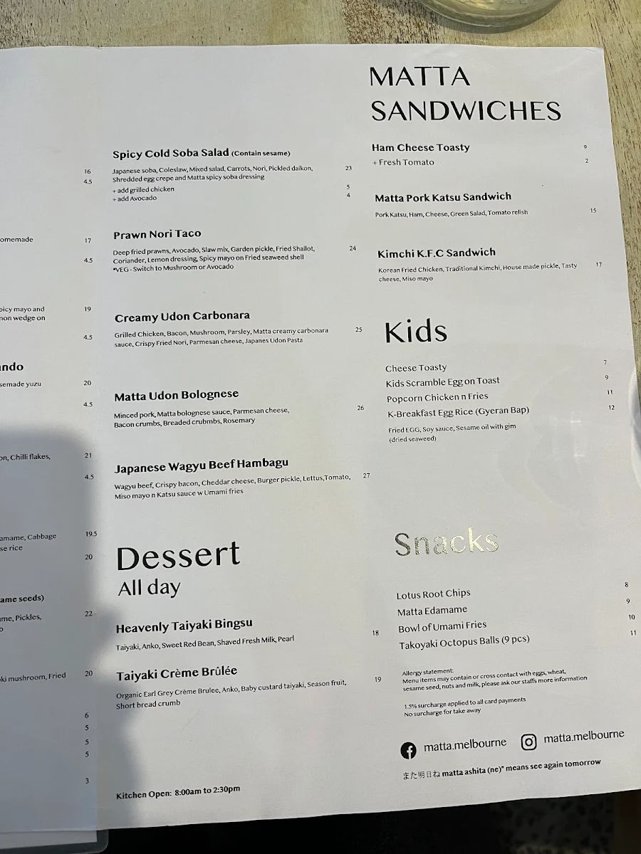 Menu, Matta Cafe