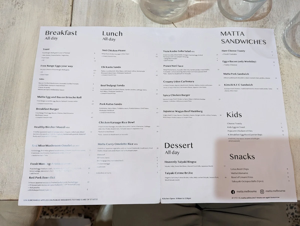 Menu, Matta Cafe