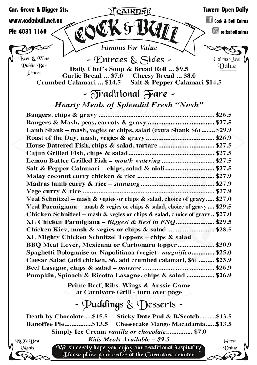Menu, Cock & Bull