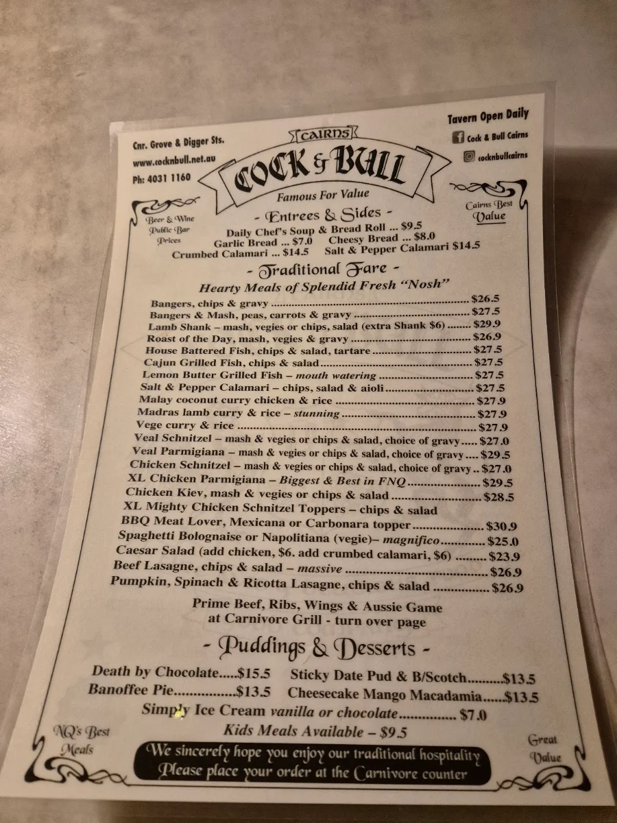 Menu, Cock & Bull