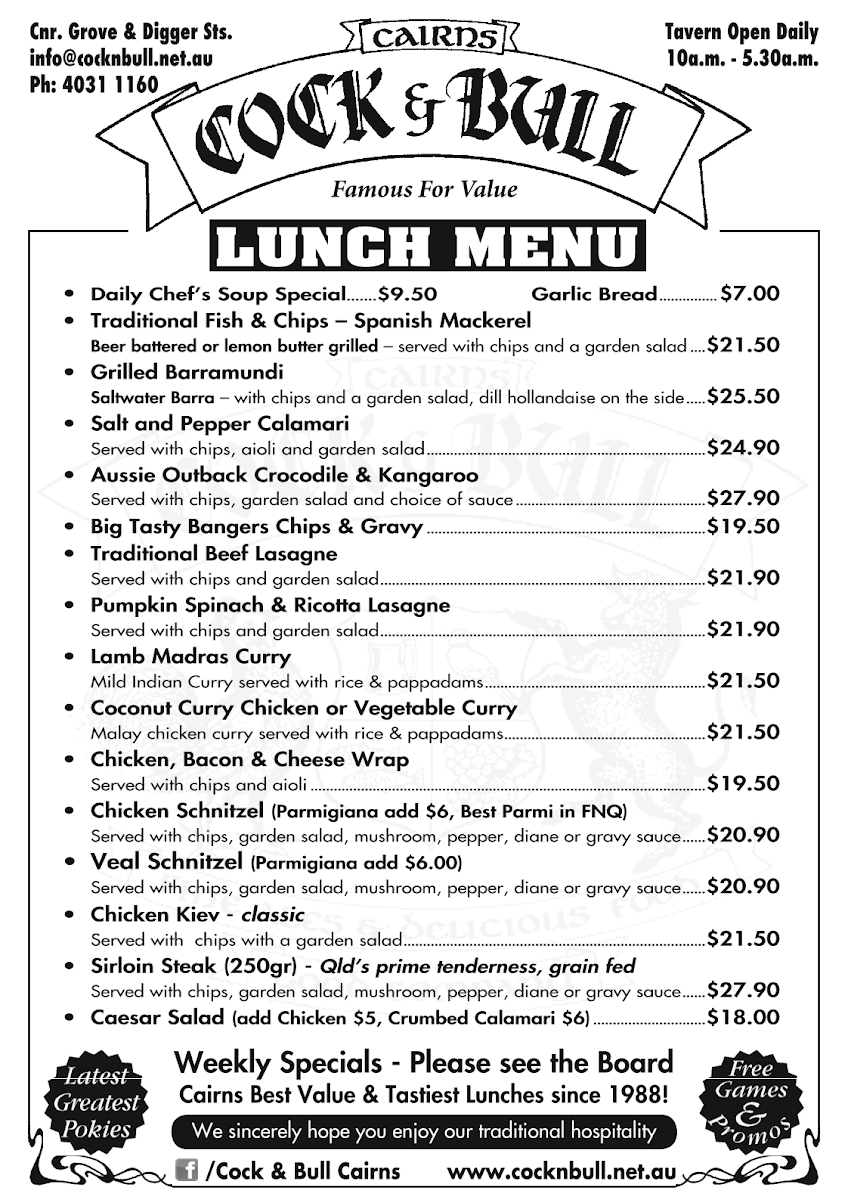 Menu, Cock & Bull