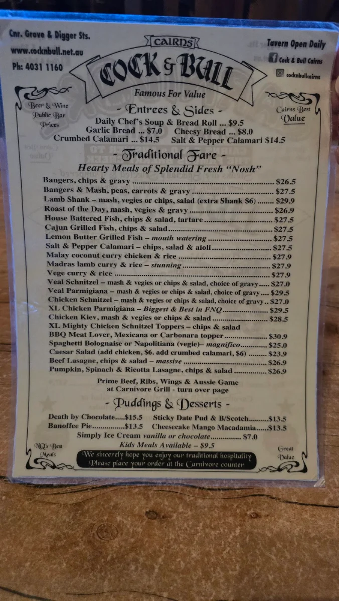 Menu, Cock & Bull