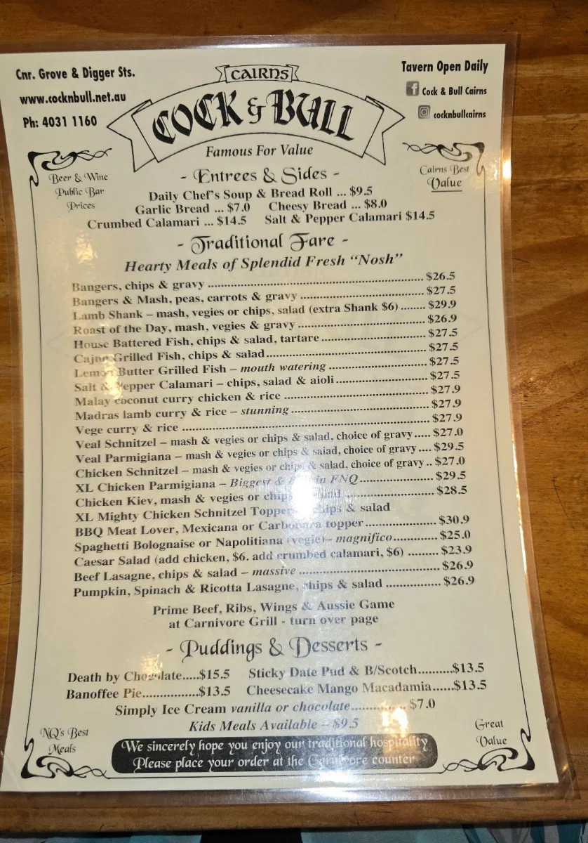 Menu, Cock & Bull