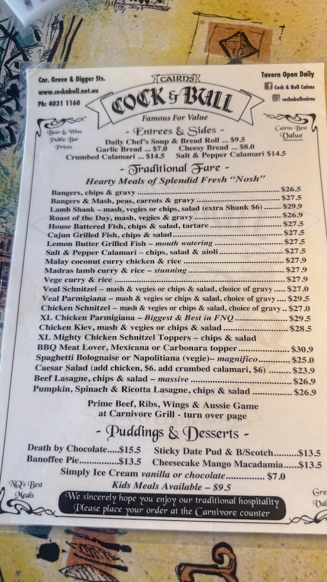 Menu, Cock & Bull