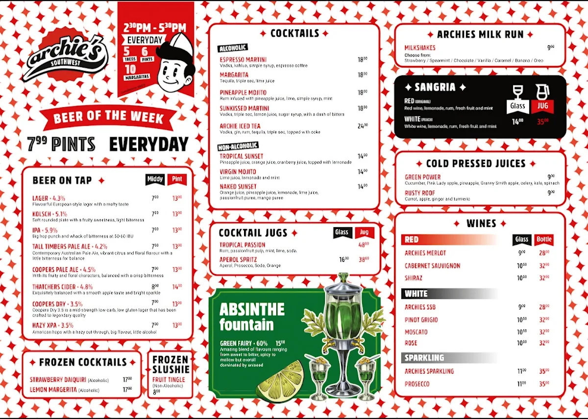 Menu, Archies Southwest