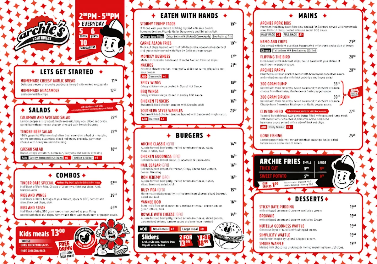 Menu, Archies Southwest
