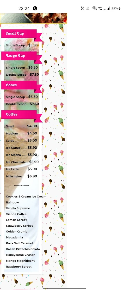 Menu, Evergreen Ice