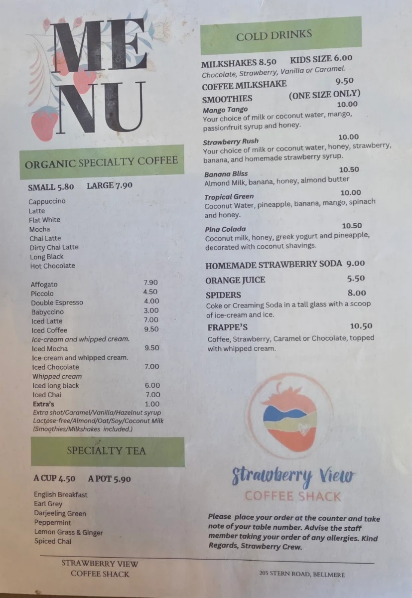 Menu, Strawberry View Coffee Shack